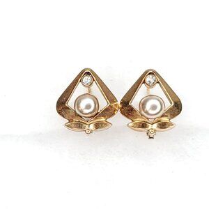 Vintage Faux Pearl Earrings Rhinestone Gold Tone Dainty Small Pierced Signed HV